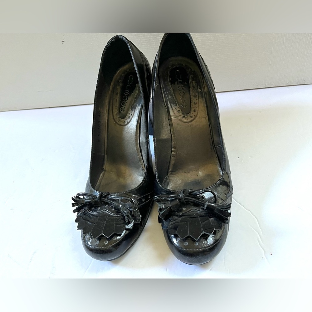 Shiny black real patent leather loafers with tassel & bow comfy block heels Eu39